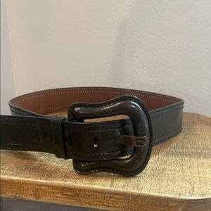 Vintage Fendi Black Brown Patent Leather Belt with Matte Bronze Buckle Womens